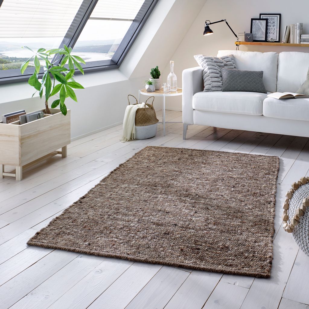 Wollteppich Natur Handweb Teppich I Reine Schur-Wolle im Skandinavischen Design I Wohnzimmer Schlafzimmer Esszimmer Kinderzimer Büro | Grau Multi