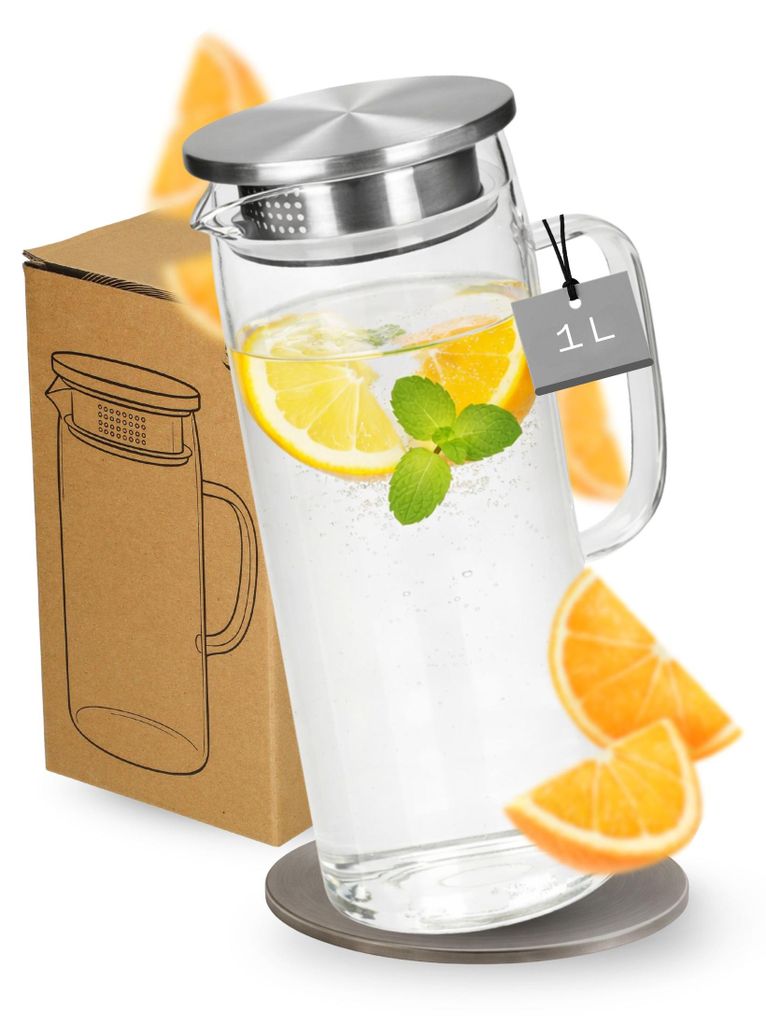 Glaskaraffe mit Deckel 1 Liter aus Borosilikatglas - Produktbild 