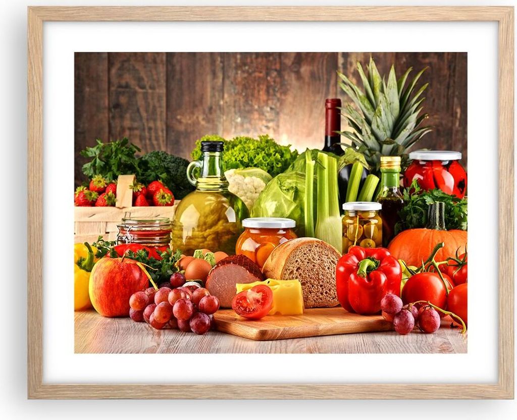 Gerahmtes Poster - Rahmen in heller Eiche - Lebensmittel Gemüse Brokkoli Fleisch - 50x40 cm - Wand Bild - Wanddeko - Wandbilder - Wandposter - Bil...