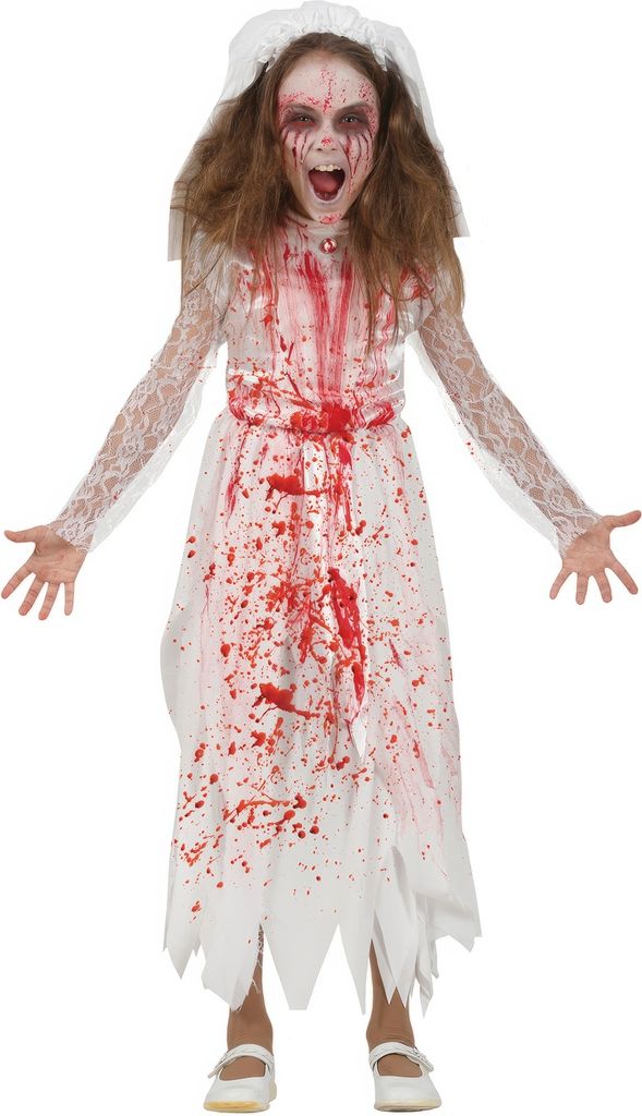 Halloween Braut Geisterkostüm Rotes Spitzendetail Gruselig, Größe: 110/116 Farbe: Weiß