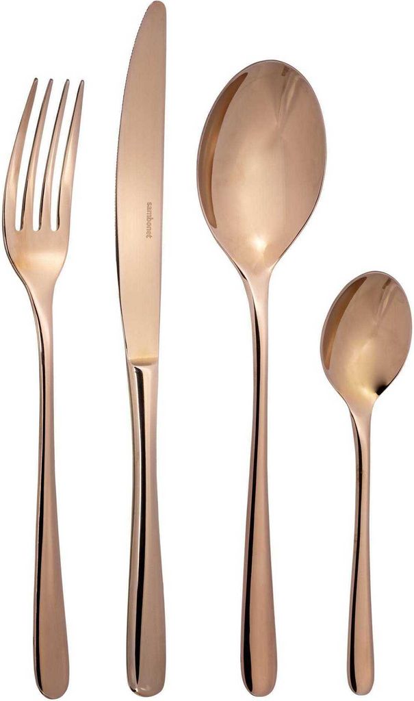 A set of four copper-colored cutlery pieces arranged on a white background.