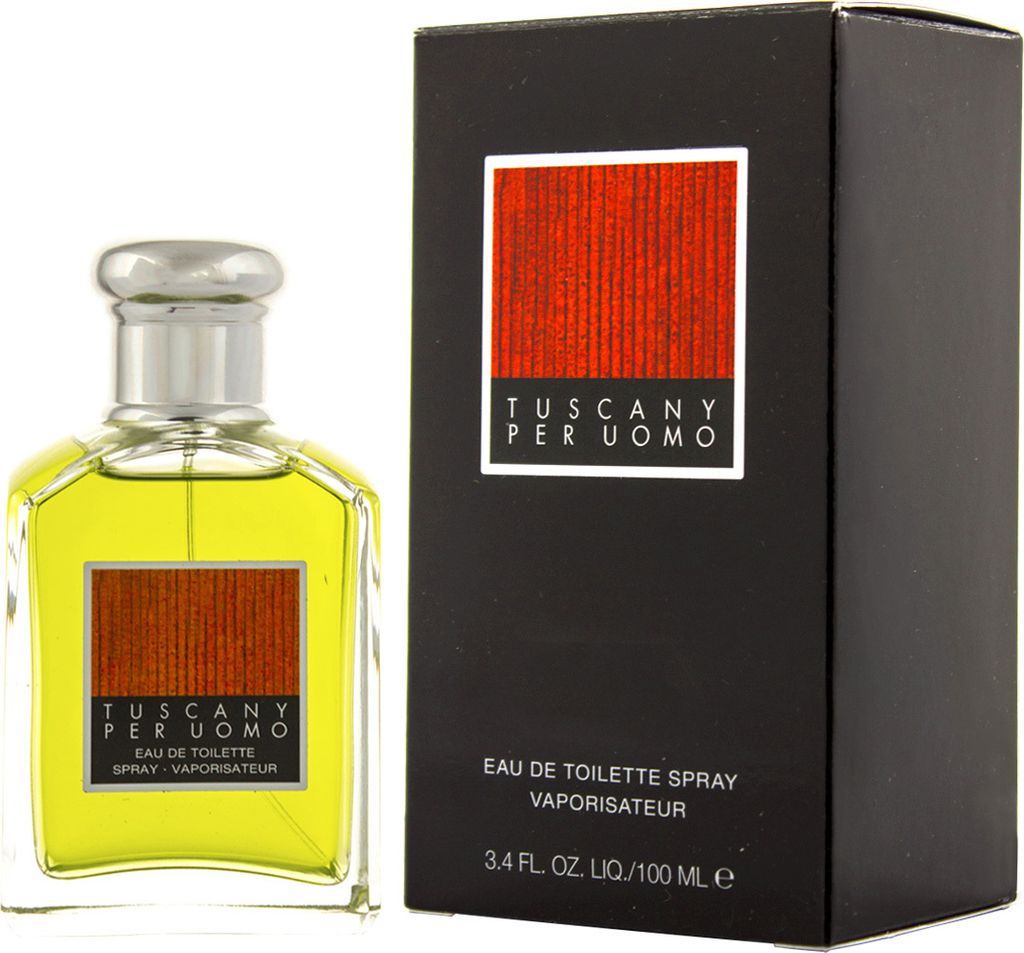 A bottle of Tuscany Per Uomo eau de toilette and its packaging are displayed against a white background.