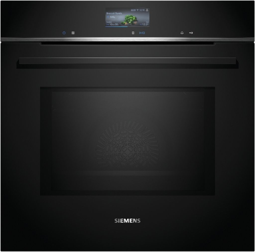 Siemens iQ700, Einbau-Backofen mit Mikrowellenfunktion, 60 x 60 cm, Schwarz, Edelstahl HM776GKB1 Frontansicht geschlossen