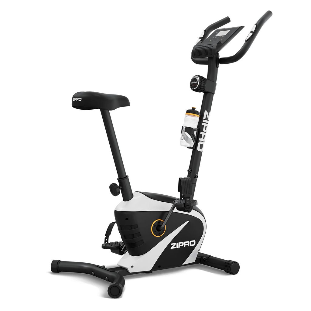 A studio shot of a stationary exercise bike.