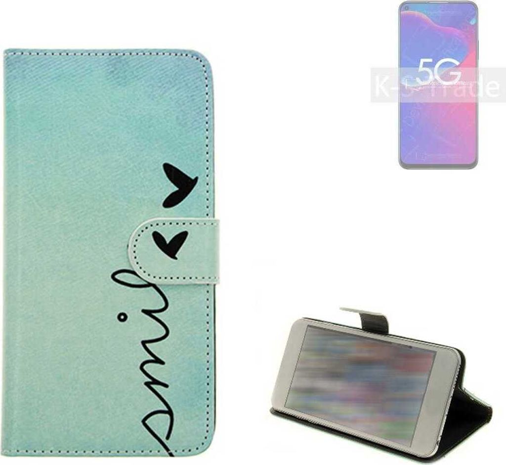 K-S-Trade Schutz Hülle Handy Hülle kompatibel mit ZTE Axon 11 SE Hülle Handyhülle cover bookstyle Etui Handyhülle ''smile'' türkis Standfunktion