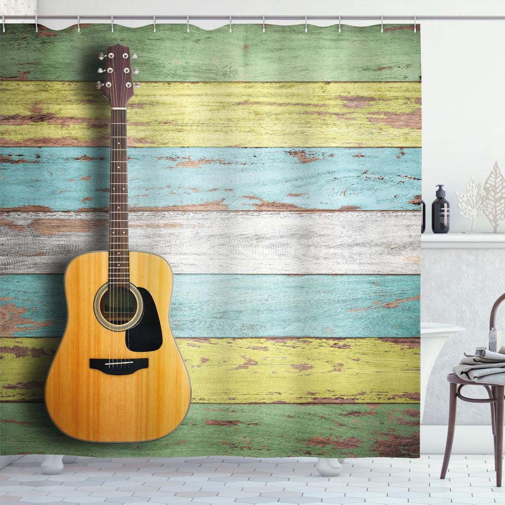 ABAKUHAUS Musik Duschvorhang, Akustikgitarre auf buntem gemaltem gealtertem hölzernem Planken-rustikalem Land-Entwurfs-Druck, 175 x 180 cm, Mehrfa...
