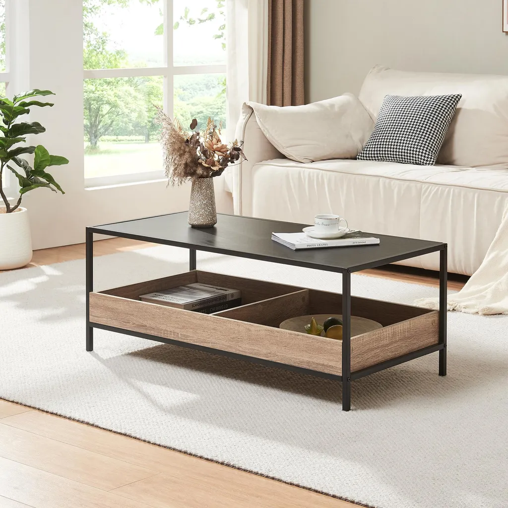 Table basse bois chêne 2 compartiments Belana structure métal robuste