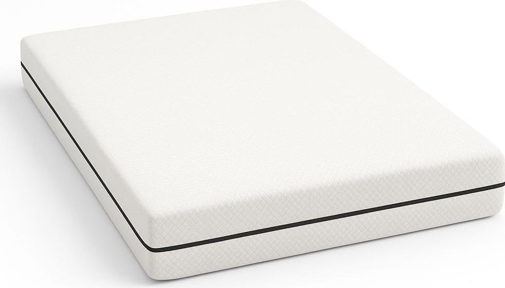 A white mattress with a black trim is shown on a white background.