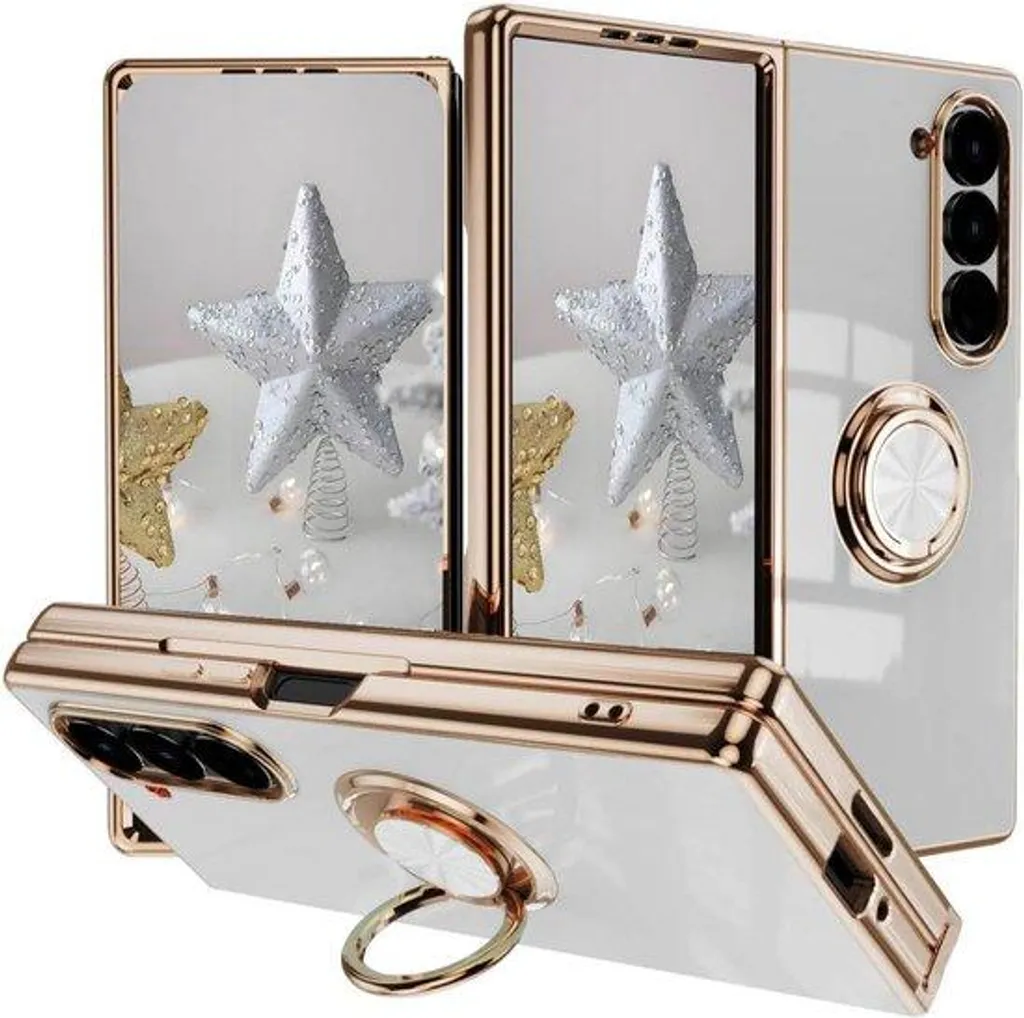 Coque smartphone blanche avec support anneau et bords TPU pliables souples