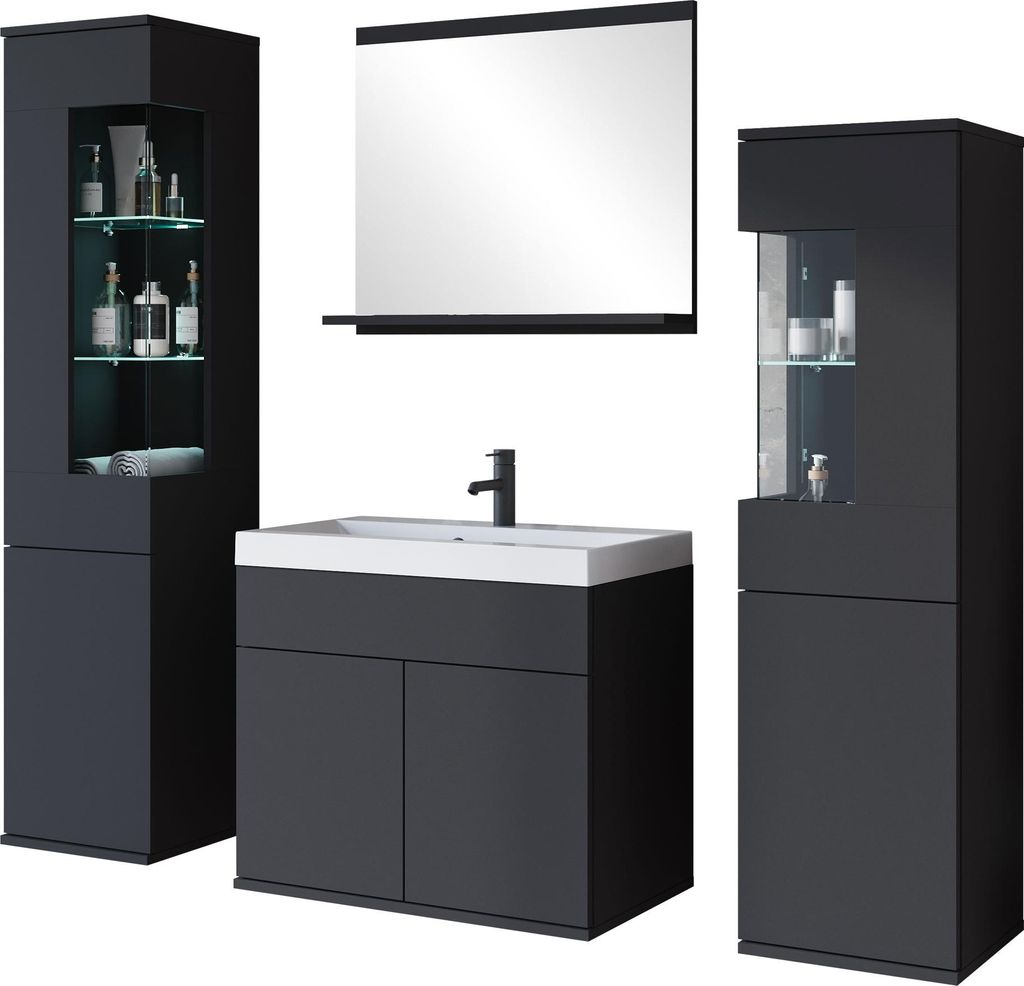 MIRJAN24 Badmöbel-Set Nairobi, Badezimmer-Set mit Spiegel und Waschbecken (Farbe: Schwarzer Graphit, mit Siphon, mit Beleuchtung)
