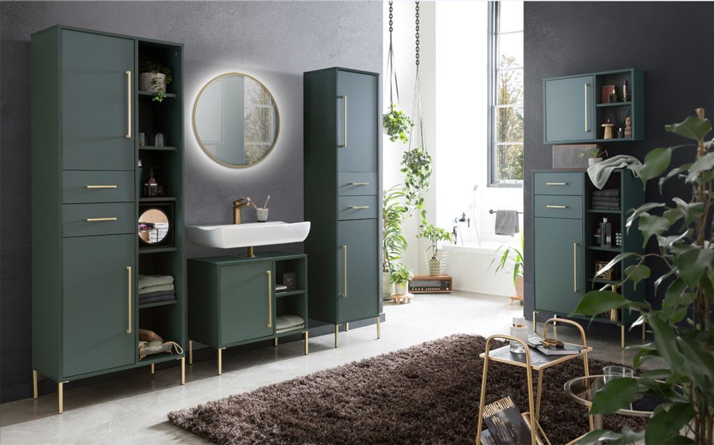 Badezimmer Komplett Set inkl. 80 cm Spiegel und Beleuchtung KELLA-80 in waldgrün