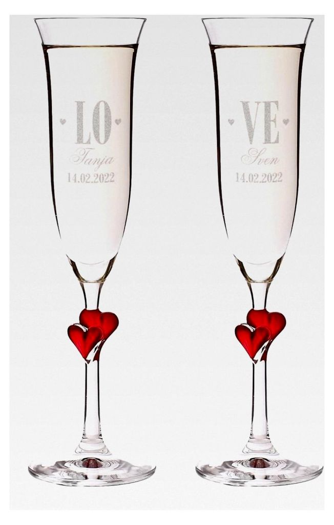 2er Set Sektgläser mit roten Herzen zur Hochzeit - Gravur mit Namen - LOVE