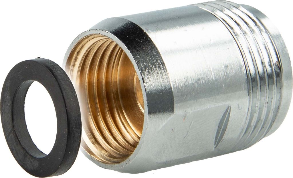 A close-up studio shot of a plumbing adapter and a rubber washer.