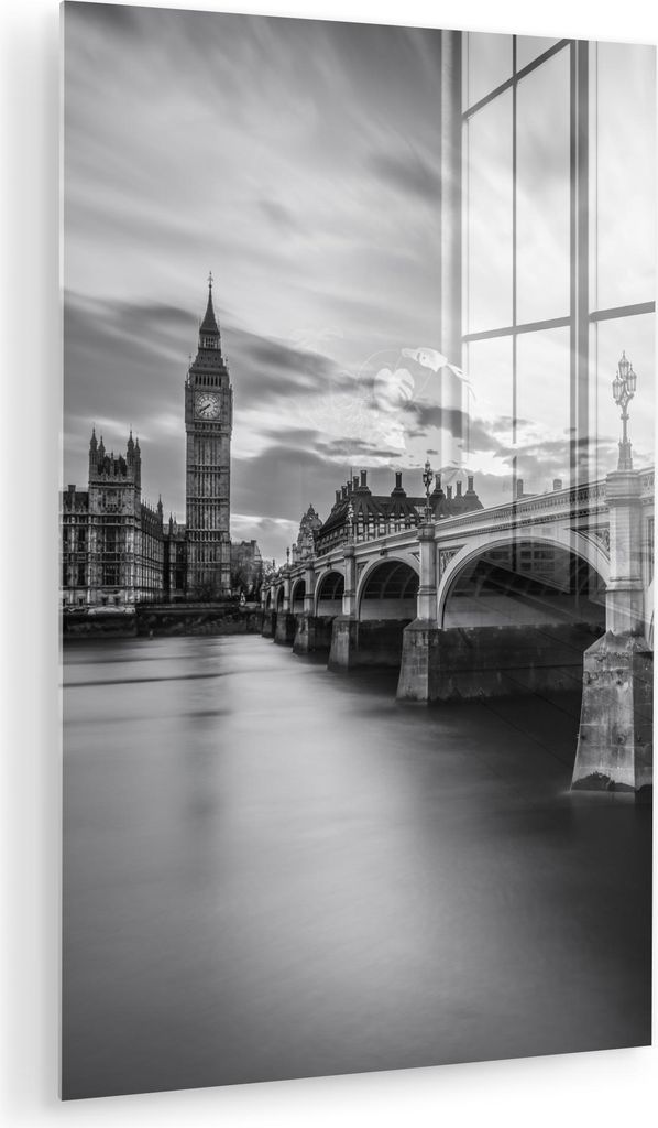 MuchoWow Glasbilder - Bilder auf Wandbild - Foto auf Glas Brücke - Architektur - England - Schwarz und weiß 60x90 cm Wanddekoration aus Glas - Ac...