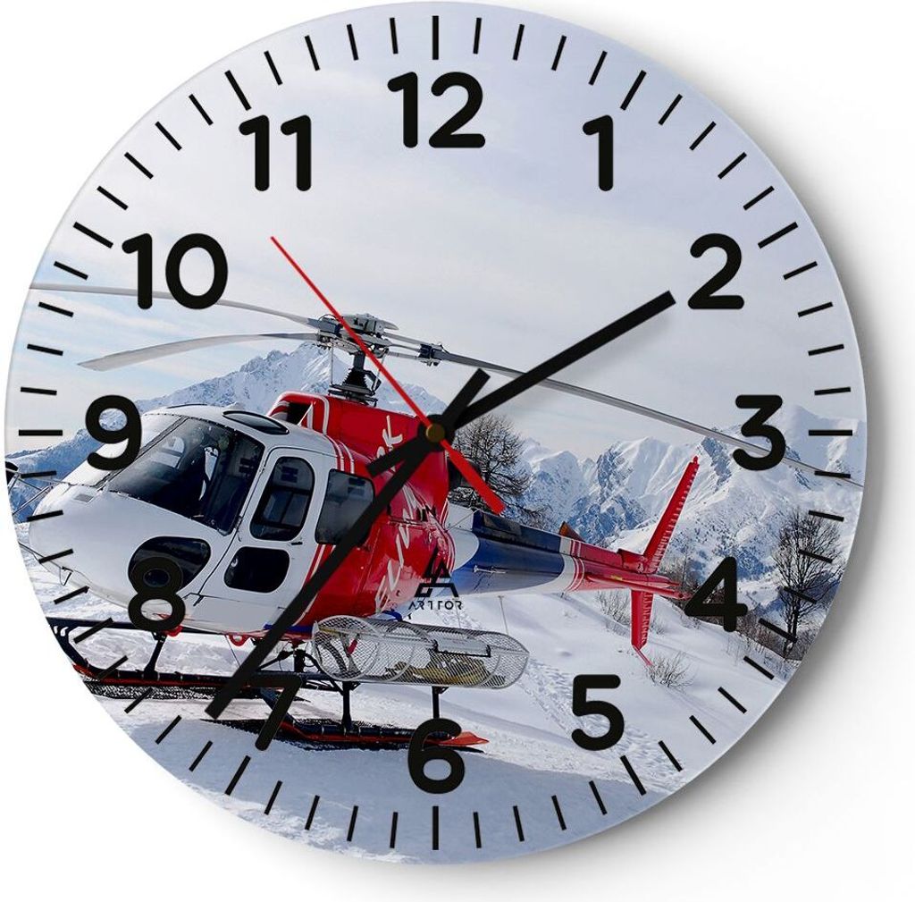 Wanduhr - Rund - Glasuhr - Hubschrauber Berge Gipfel Winter Produktbild 