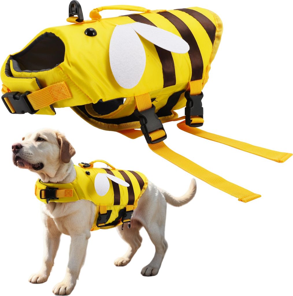 Verstellbare Schwimmweste für Hunde in Bienenform zum Schwimmen und Bootfahren M Gelb