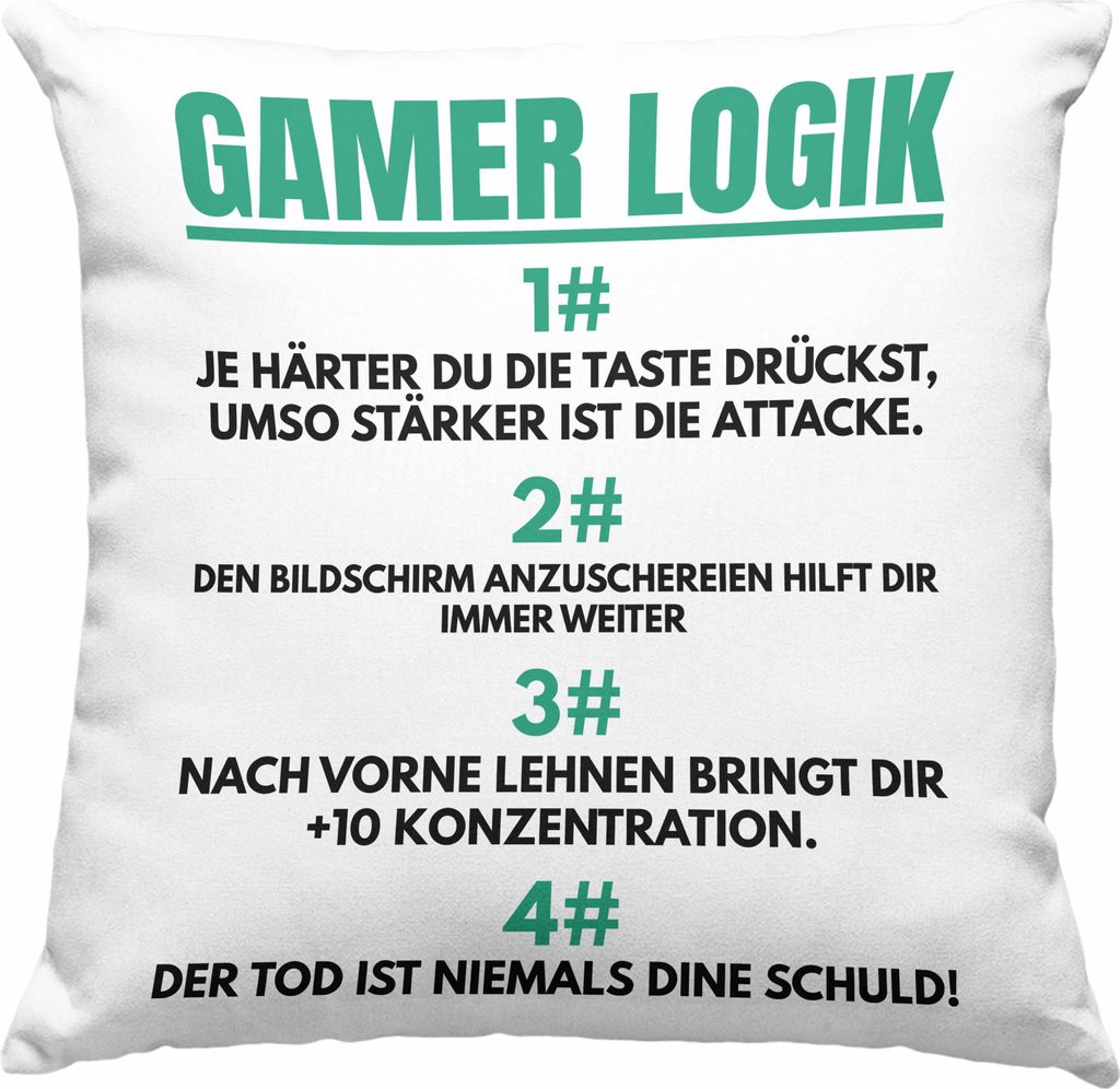 Trendation - Gamer Logik Deko-Kissen mit Füllung 40x40 Geschenk für Jungs Jungen Geschenkidee zum Geburtstag Lustiger Spruch (Grau)