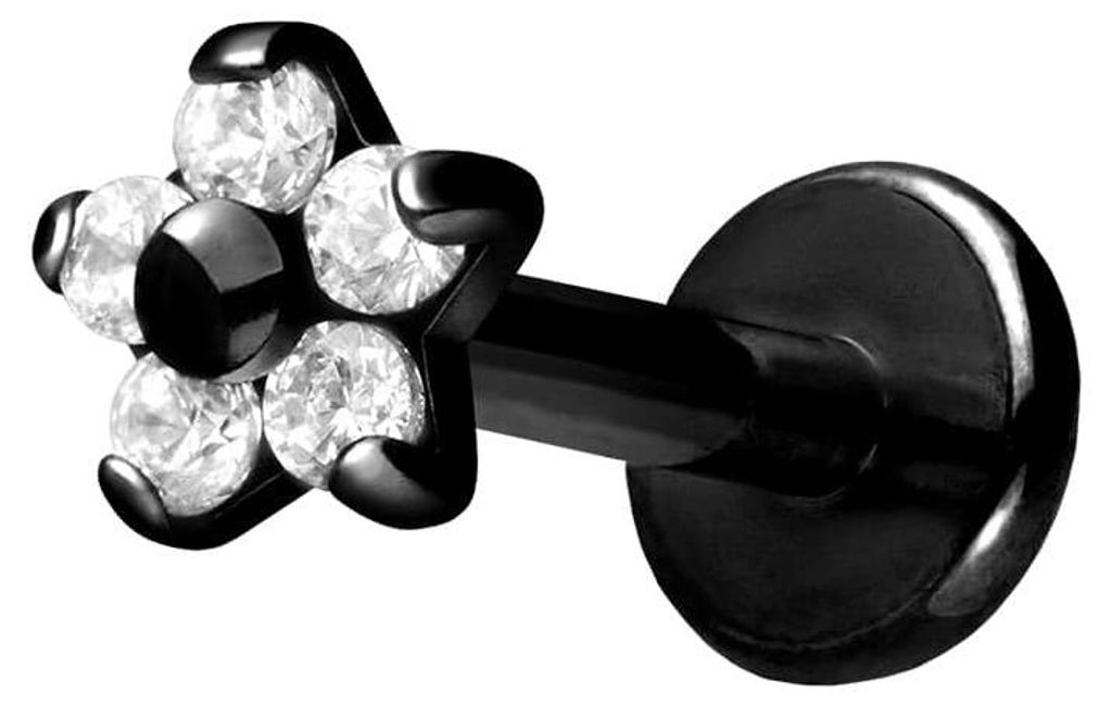 Ohrpiercing, Nasenpiercing Titan Labret mit Innengewinde BLUME MIT 5 KRISTALLEN Schwarz Stablänge: 7mm | Stabstärke: 1,2mm