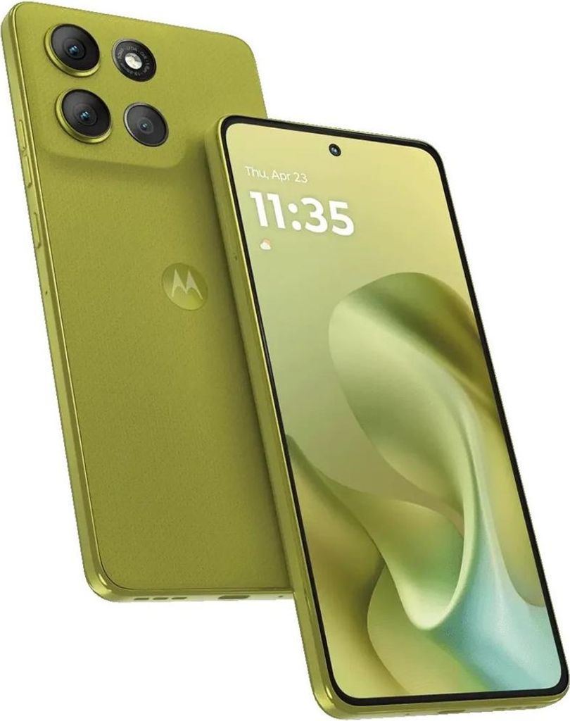 A Motorola smartphone is shown from two angles, with one phone displaying the time and date on its screen.