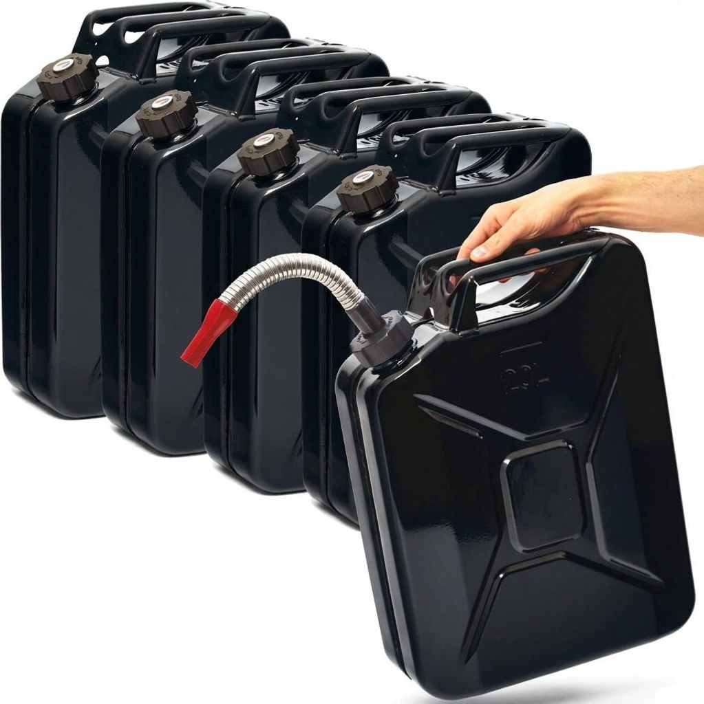 BW Kraftstoffkanister Metall Benzinkanister 5x 20 Liter mit Schraubverschluss mit Ausgießer - Schwarz RAL 9005 - UN-Zulassung - Hergestellt in E...