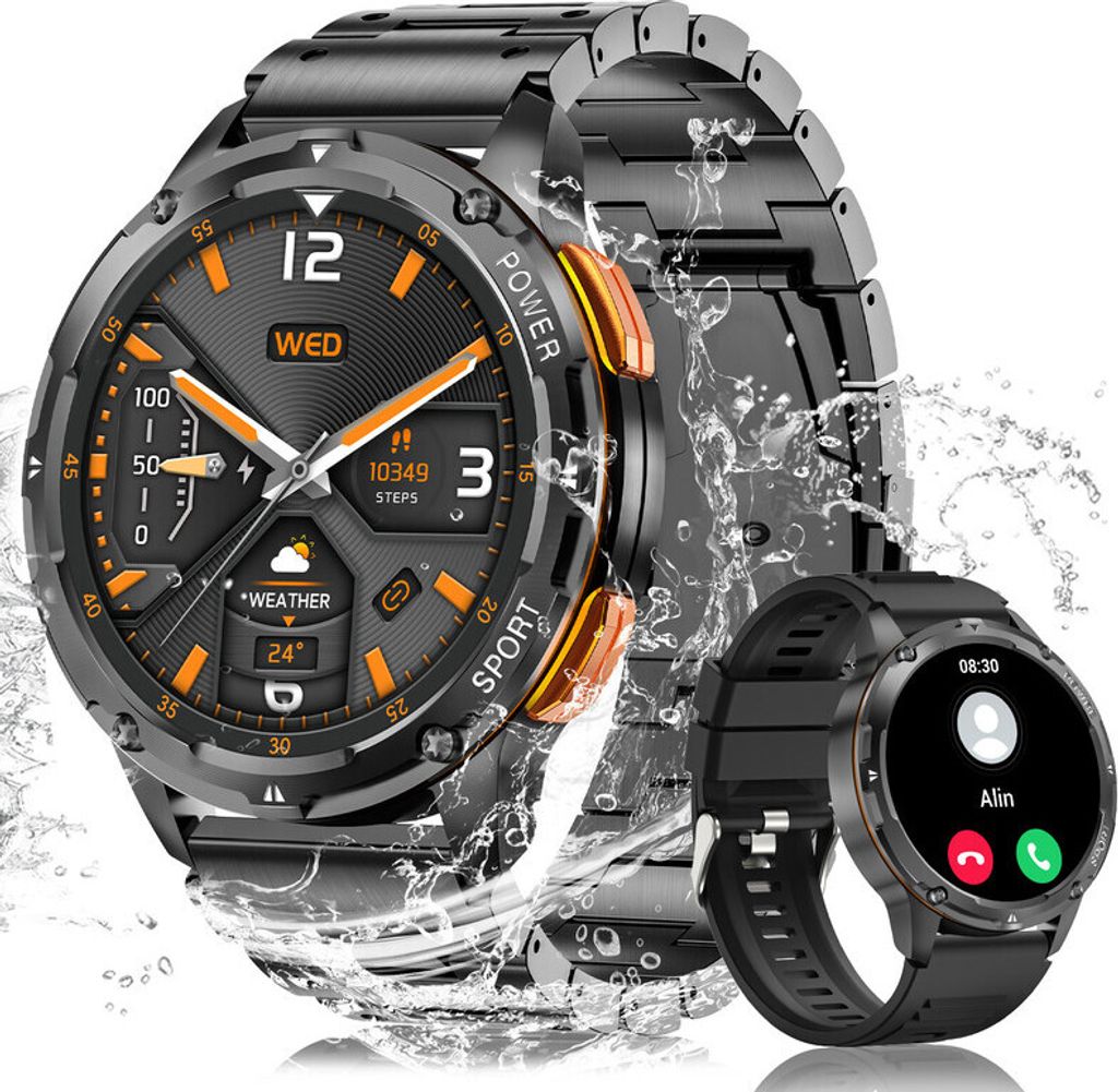 Smartwatch Herren, 1,43 Zoll AMOLED Militär Smartwatch, mit Herzfrequenz Schlafüberwachung SpO2, 100+ Sportmodi, 5ATM Wasserdicht, Fitnessuhr Sma...