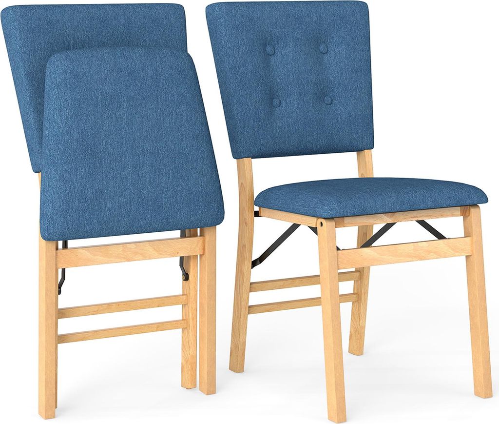 COSTWAY 2er Set Klappstühle, Esszimmerstühle mit Sitzen & Massivholzrahmen, Küchenstühle klappbar, Polsterstuhl bis 160kg, Blau