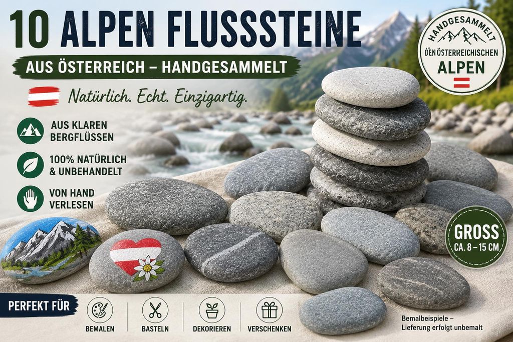 10 große Alpen Flusssteine aus Österreich – handgesammelt – Produktbild  KI-generiertes Bild
