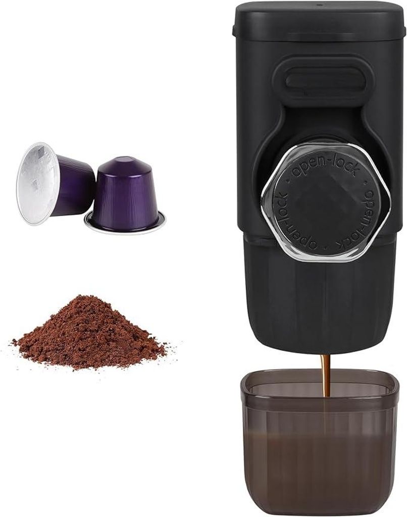 3-in-1 Tragbare Espressomaschine , Kompatibel mit Kapseln & Kaffeepulver, 15 Bar Druck, Kaltbrühen & Aufwärmen, manuell bedient, für Camping & R...