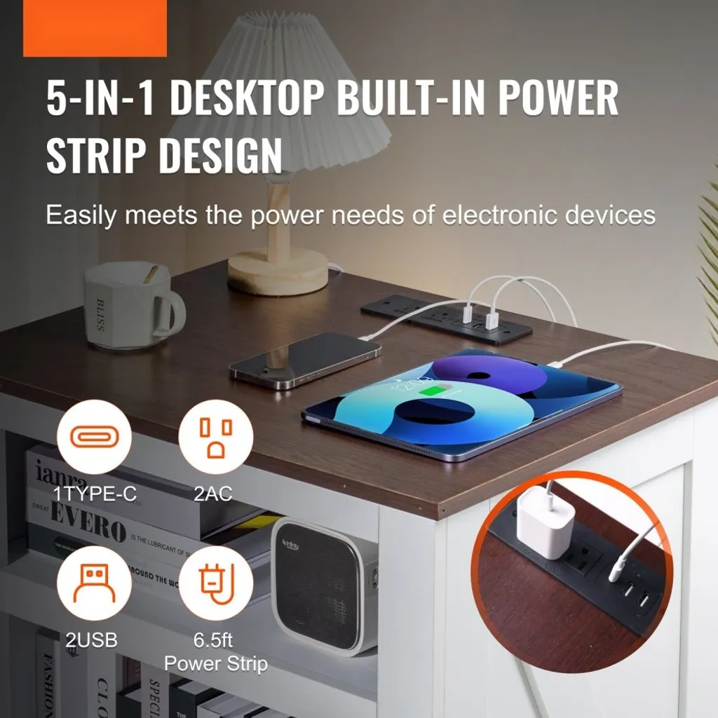Table de nuit d'appoint avec prise USB intégrée - Style Blanc Rustique