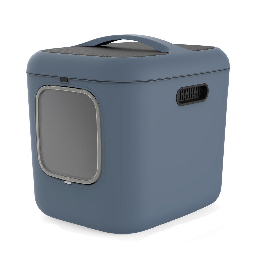 A blue and gray litter box with a handle on top and a gray entrance.