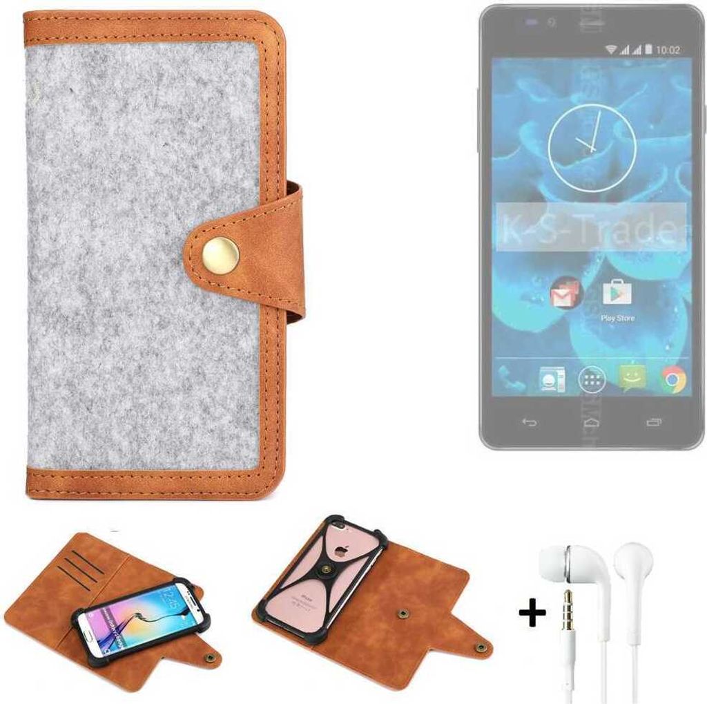 K-S-Trade Handyhülle + Kopfhörer kompatibel mit Qilive Q4 5.5 Schutzhülle Filz Hülle Kunstleder hellgrau braun (1x)