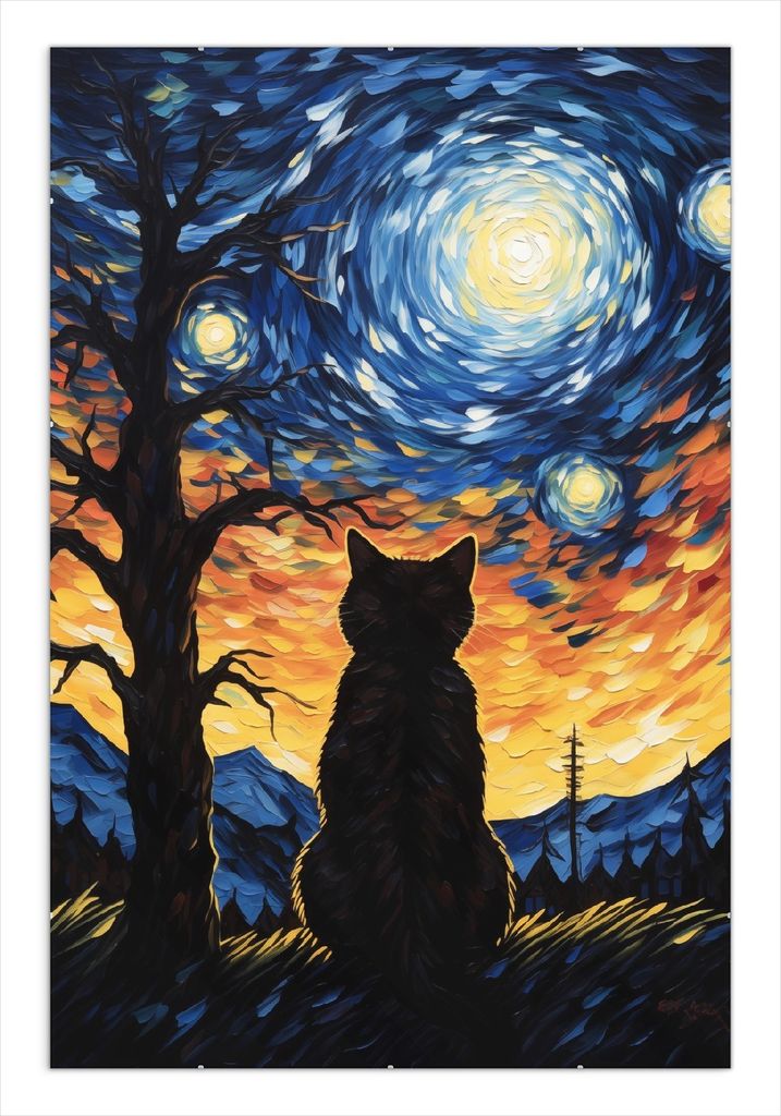 Wallario Wandbild Katze im Sternenlicht, Größe: 61 x 91,5 cm, Poster mit rahmenlosen Bildhalter