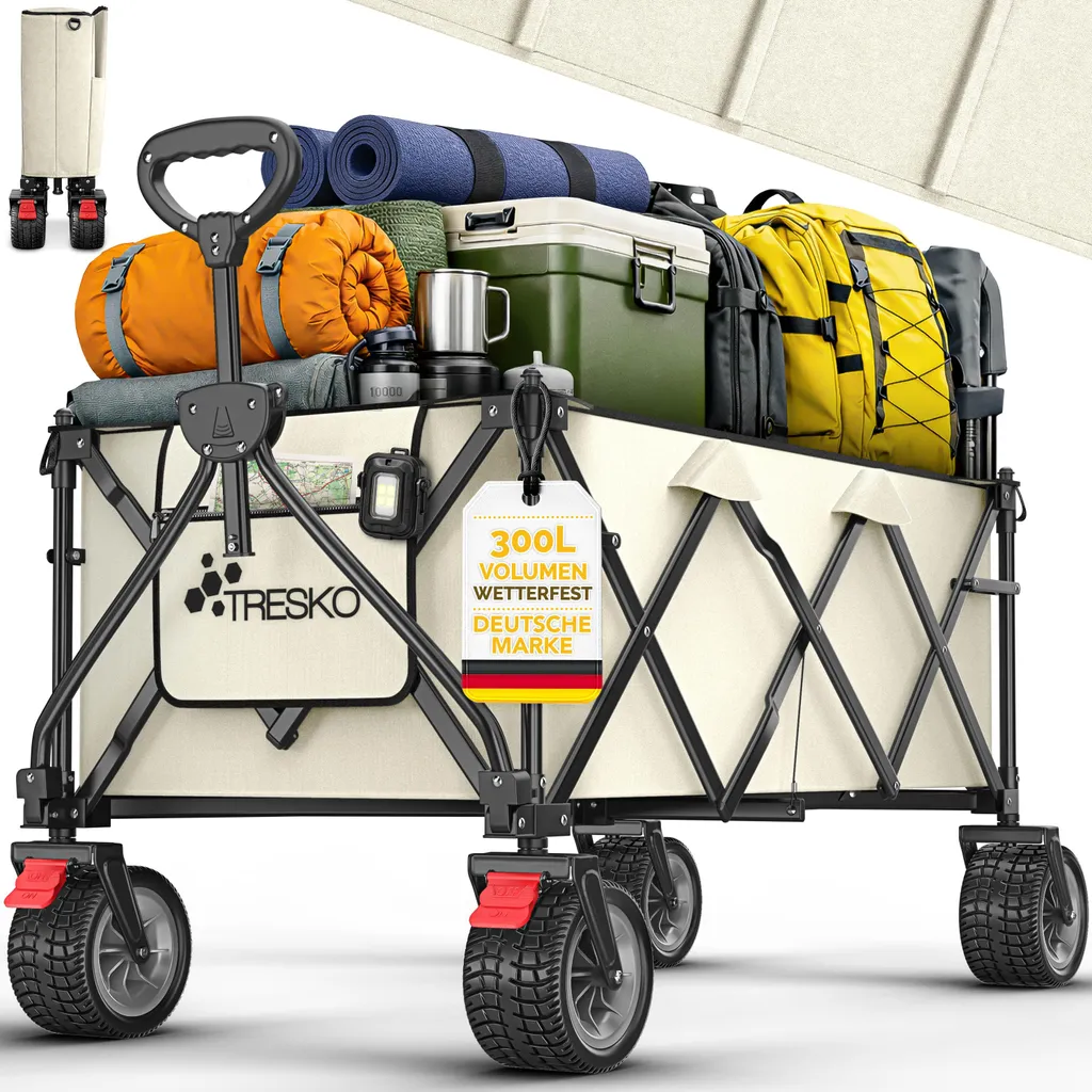Chariot pliable TRESKO 300L Beige avec Frein - Charge Max 150 kg