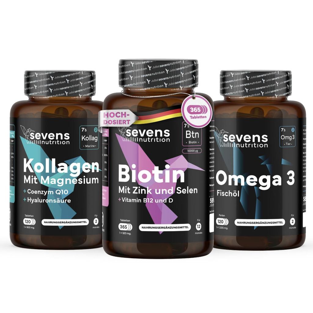 Beauty Pack - Biotin 365 Tabletten + Kollagen Komplex 120 Tabletten + Omega 3 Fischöl 120 Perlen - Sevens Nutrition