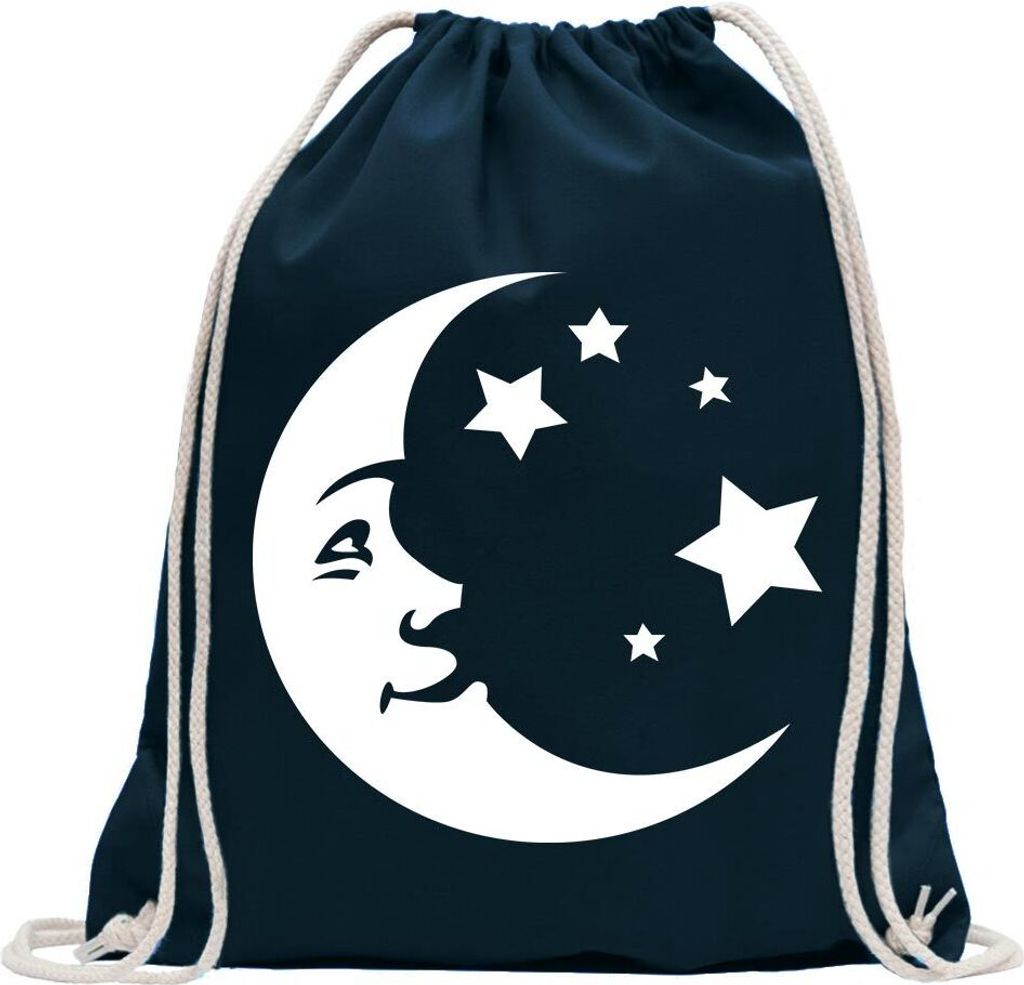 Kiwistar - Turnbeutel - dunkelblau - Mond und Sterne - Fun Rucksack Sport Beutel Gymsack Baumwolle mit Ziehgurt