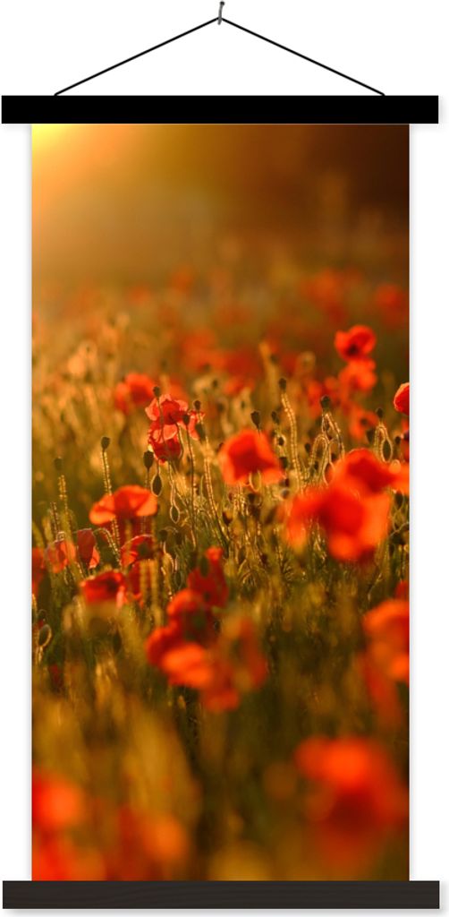 MuchoWow Textilposter Orangefarbenes Leuchten über den Mohnblumen auf dem Feld 90x180 cm mit schwarzem Rahmen - Dekoration Wohnzimmer