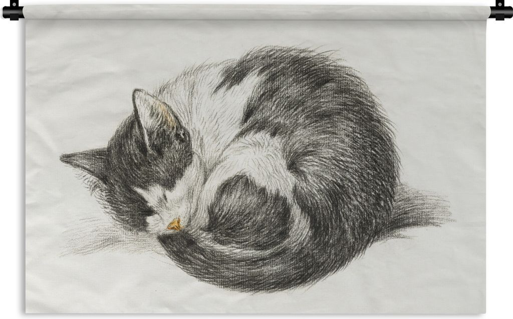 MuchoWow Wandteppich Wandbehang Schlafende Katze zusammengerollt - Gemälde von Jean Bernard 90x60 cm Tapisserie Dekoration Wandtuch - Wandskulpt...