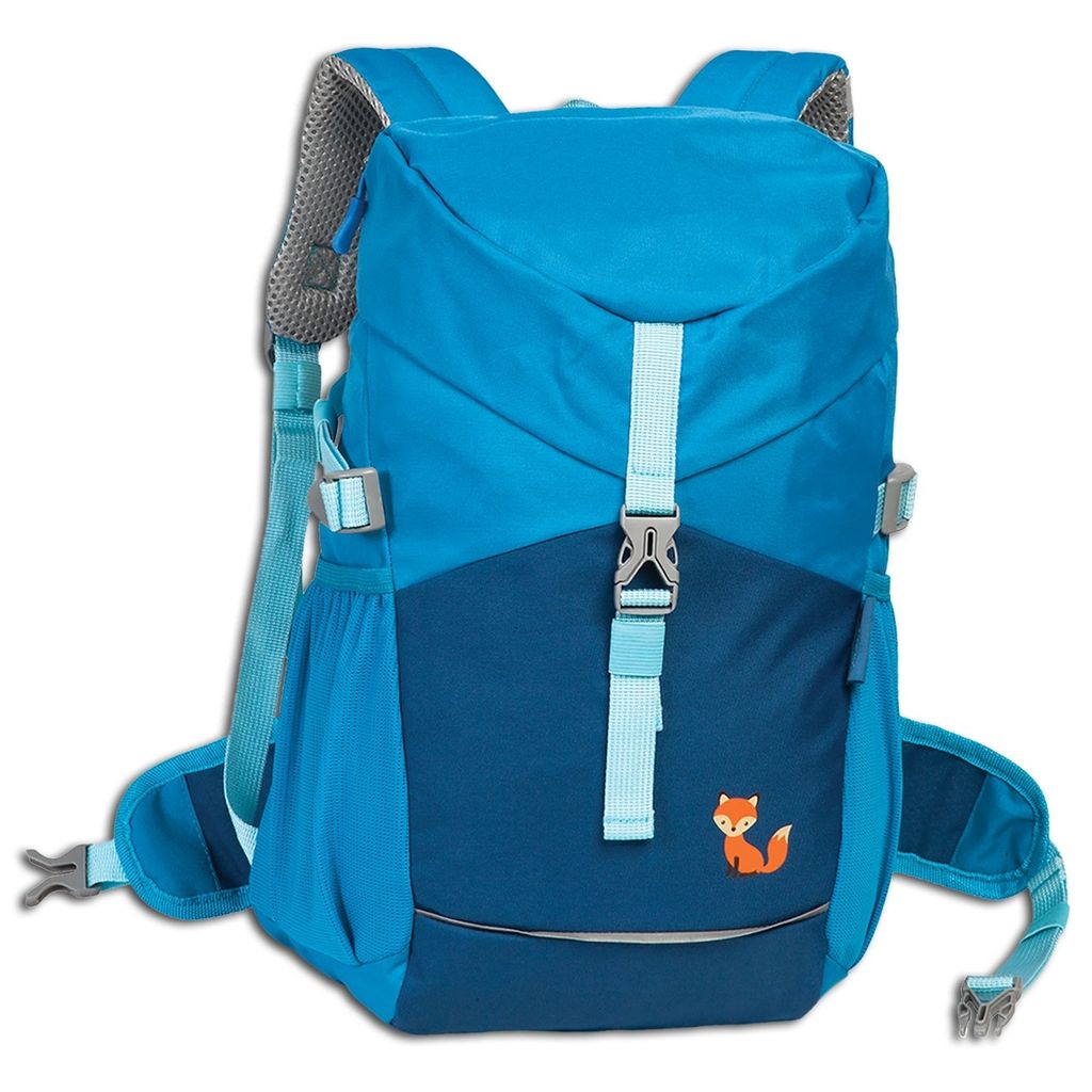 A blue backpack with a fox graphic on a white background.