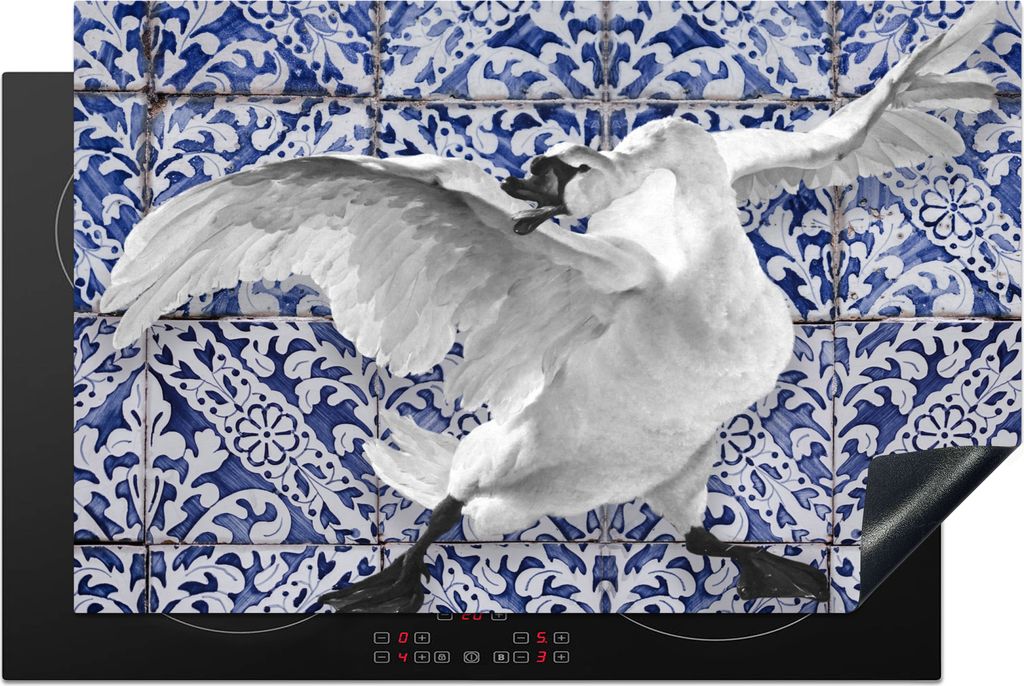 KitchenYeah Herdabdeckplatte Schwan - Kunst - Delfter Blau - Malerei - Alte Meister , 81x52cm, Küche Deko, Ceranfeld Herdabdeckung, Abdeckplatte...