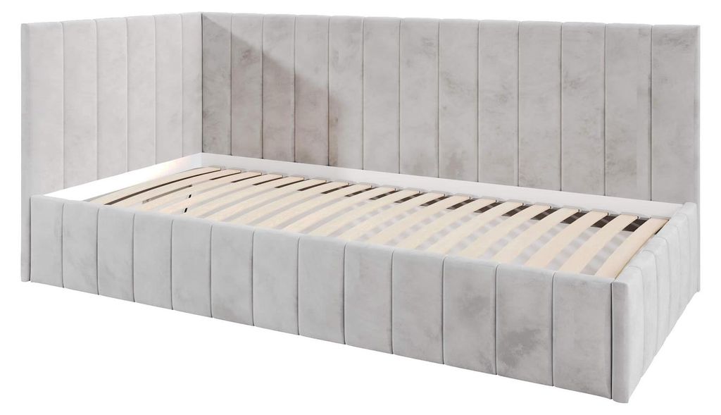 Jugendbett Denis 100x200 cm, Polsterbetten mit Bettkasten, Moderner Riviera-Stoff, Grau, Links