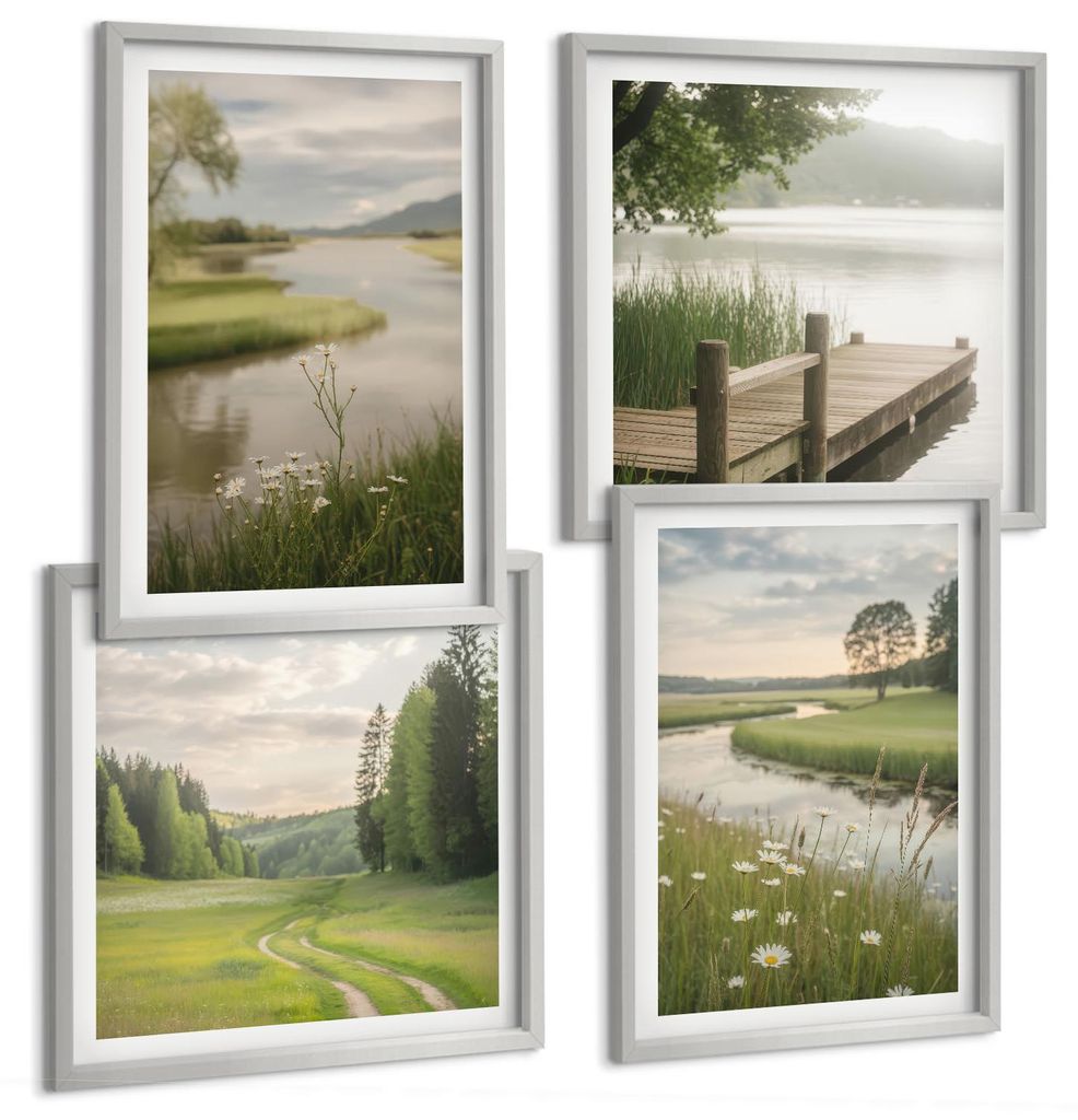Bilder Set 4-teilig im silbergerahmten Rahmen – Wandbilder 4 Stück – gerahmte Poster für Wohnzimmer, Schlafzimmer und Flur – 50x50 cm - 40x...
