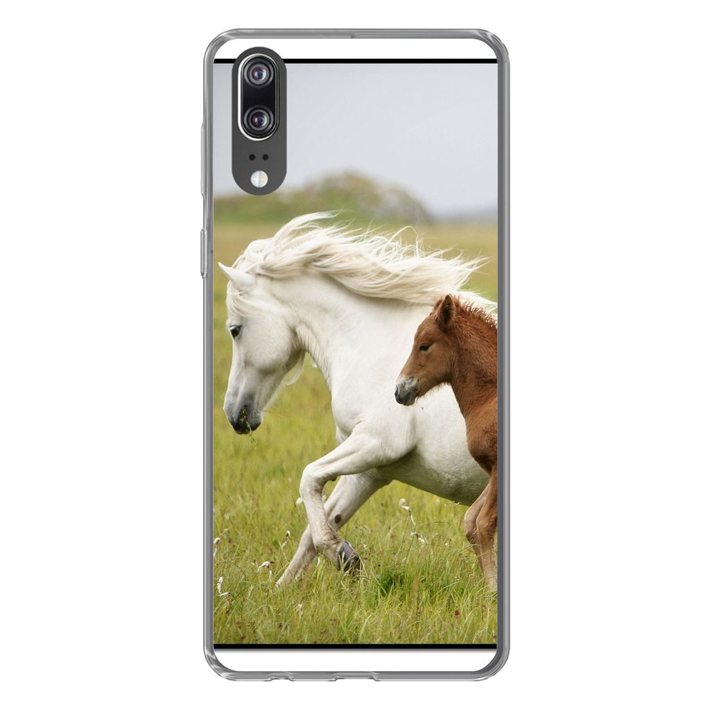 MuchoWow Handyhülle Schutzhülle Hülle für Huawei P20 Pferde - Tiere - Gras Silikon Softcase Handy Hülle - Hardcover