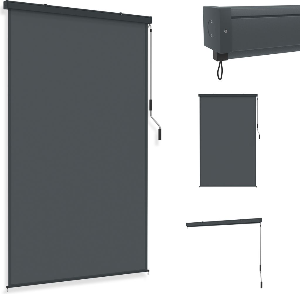A collage of images showing a dark gray roller blind, including a close-up of the mechanism and a view of the blind extended.