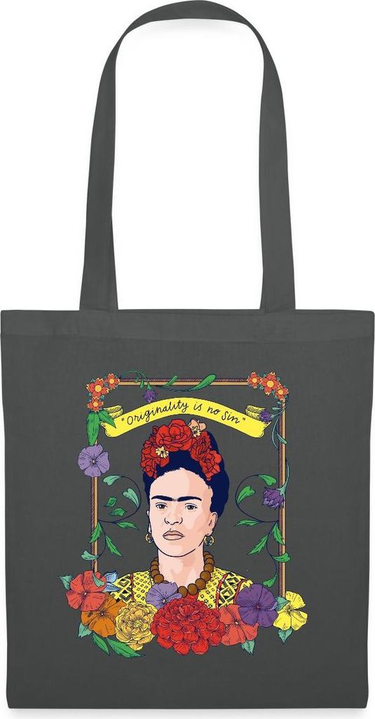 Spreadshirt Frida Kahlo Mit Rahmen Aus Bunten Blumen Stoffbeutel, One size, Graphite
