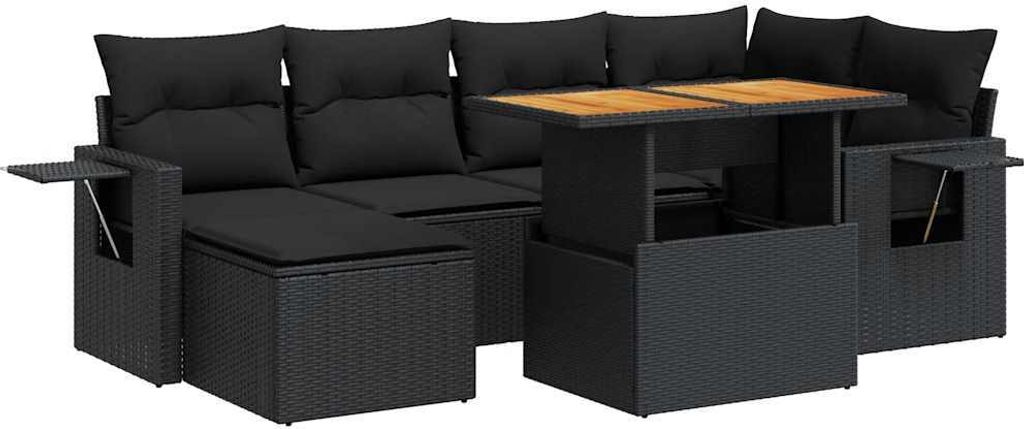 7-tlg. Garten-Sofagarnitur mit Kissen Schwarz Poly Rattan