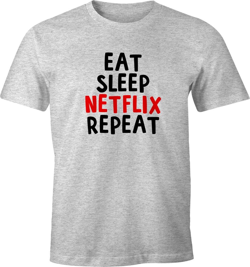 Herren T-Shirt Eat sleep Netflix repeat Fun-Shirt Spruch-Shirt Moonworks grau-meliert M