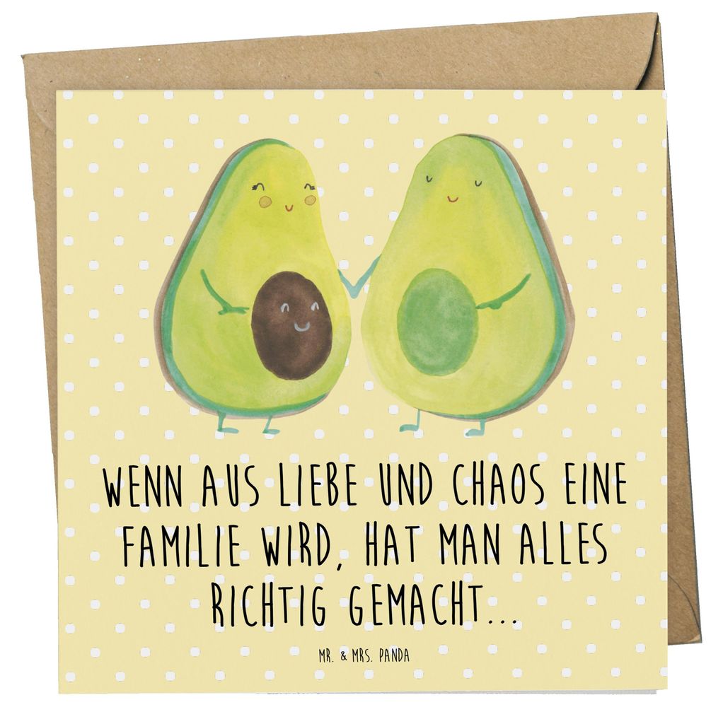 Mr. & Mrs. Panda Klappkarte Avocado Pärchen - Gelb Pastell - Geschenk, faltkarte, Geburt, Glückwunschkarte, Gesund, doppelkarte, Avocados, Babypa...