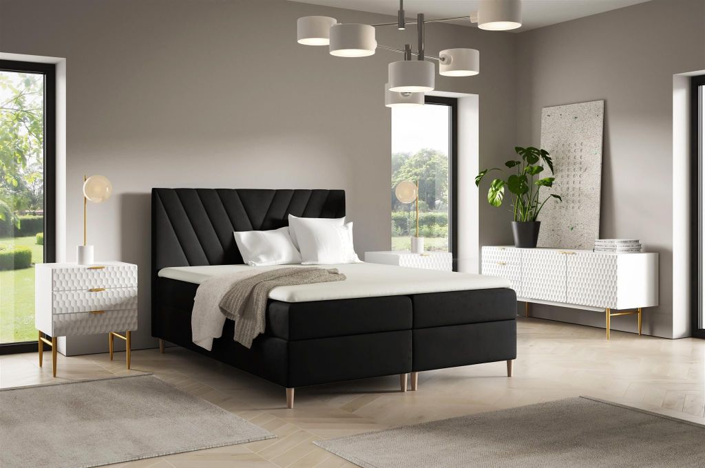 Boxspringbett Schlafzimmerbett ESPEN PREMIUM 180x220cm Stoff Fresh Schwarz