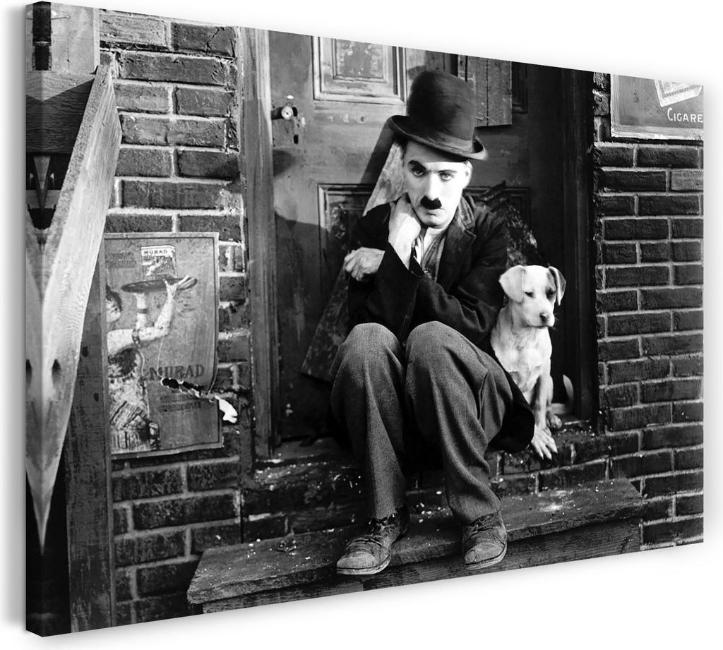 Leinwandbild (80x60cm): Charlie Chaplin auf Treppe mit Hund, echter Holz-Keilrahmen inkl. Aufhänger, handgefertigt in Deutschland