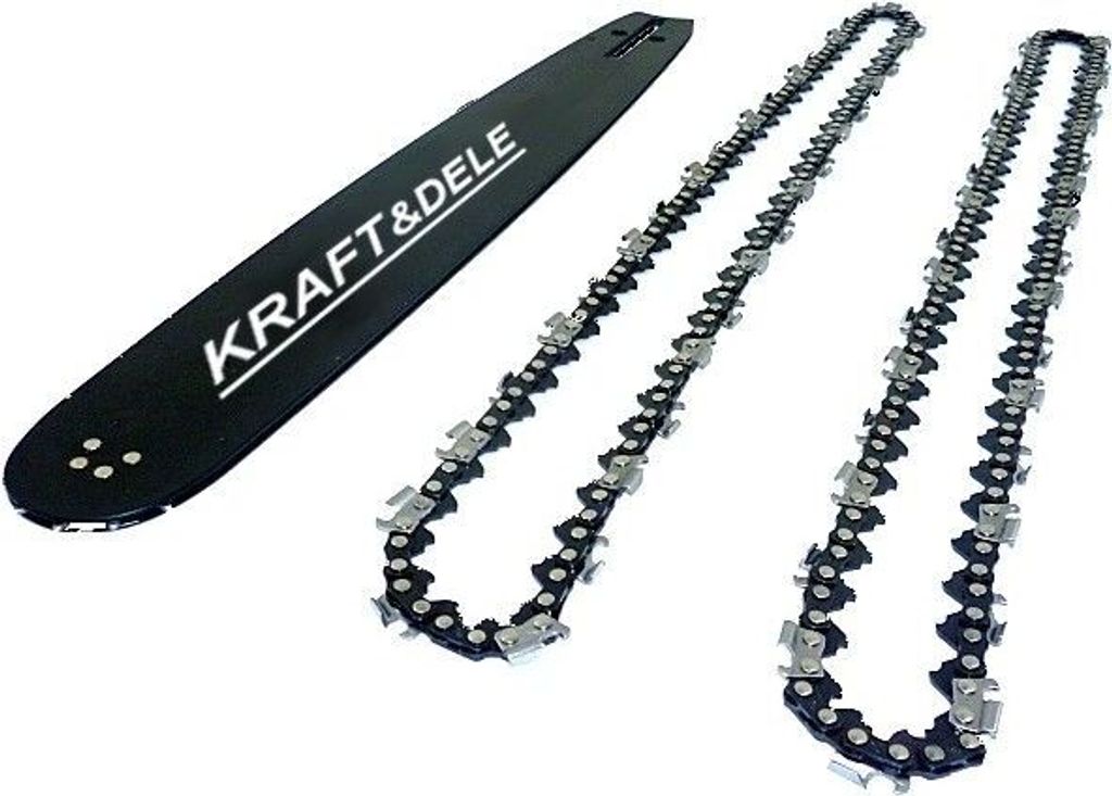 A black chainsaw guide bar and two chainsaw chains are laid out on a white background.
